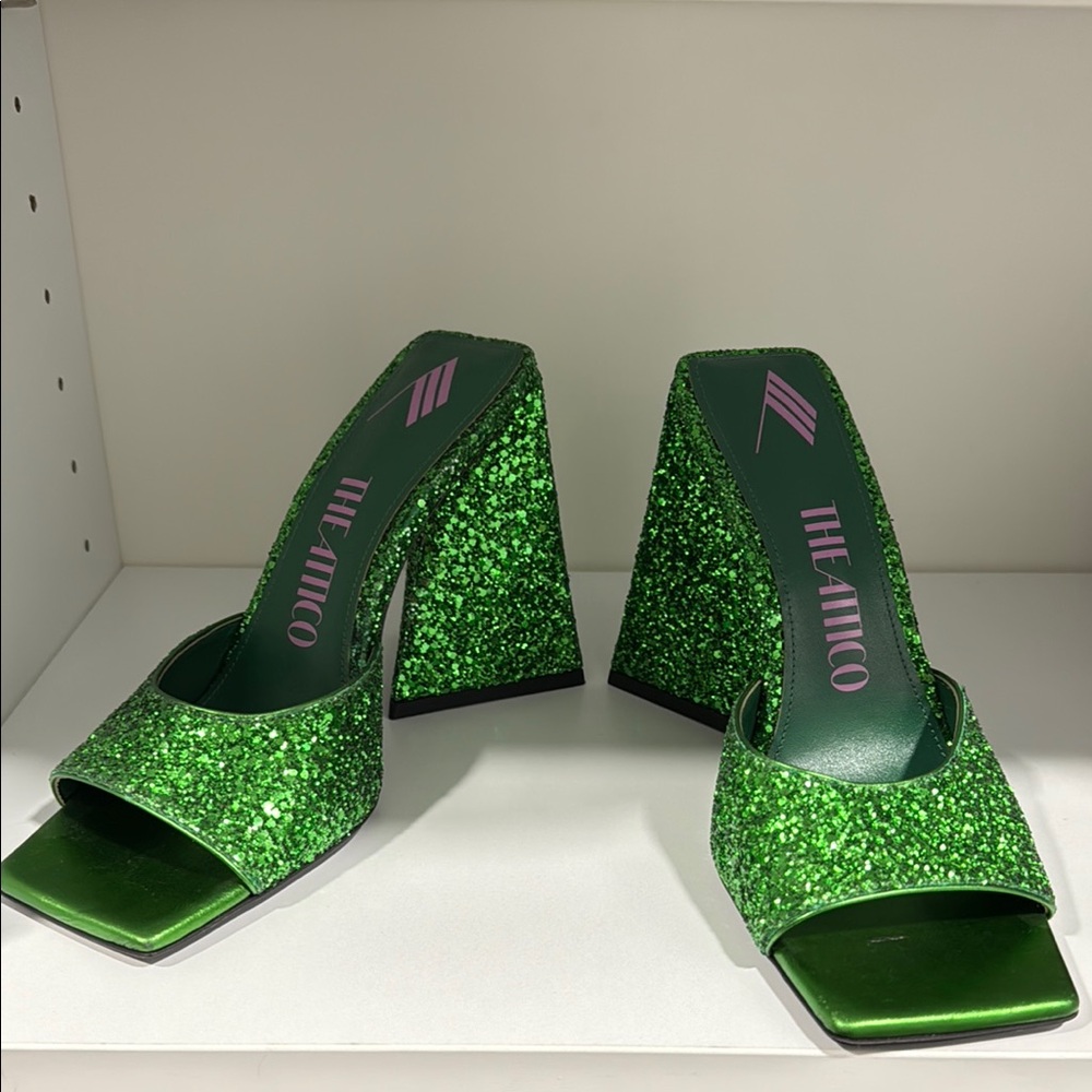 The Attico Green Glitter Heels Eye-Catching Design